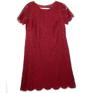 Ann Taylor Lace Overlay Sheath Dress Short Sleeve, Mini - Deep Red, Size 8